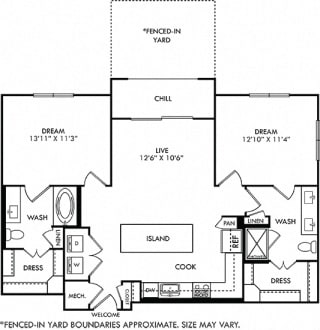 3D Brooks with yard 2 bedroom floor plan with entry closet, L-shaped kitchen with Island and pantry cabinet, open to living area, 2 bathrooms one with tub one with shower and double sinks. washer/dry.