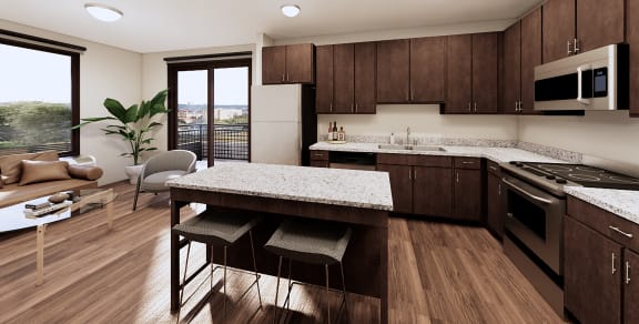 gourmet kitchen with island at Liffey on Snelling apartments in St. Paul MN