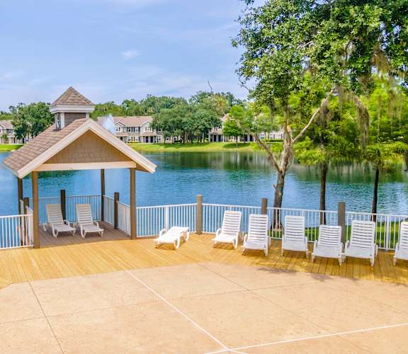 the dock overlooking the lake at the estates at johnson lake