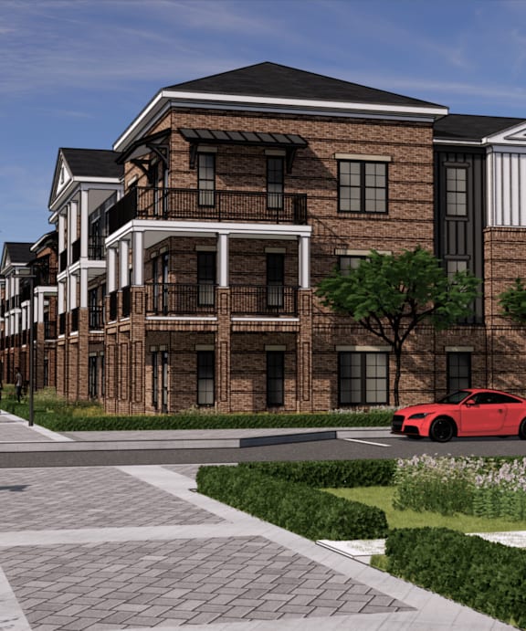 a rendering of an apartment building with a red car on the street