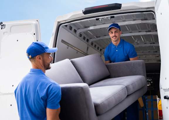 A man in a blue shirt and cap is unloading a grey sofa from a white van.