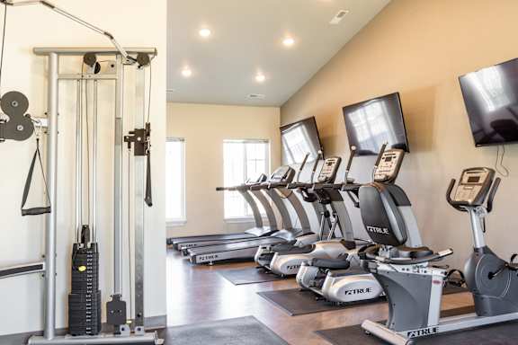 A gym with treadmills and a weight machine.