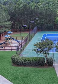 A tennis court surrounded by trees and bushes.