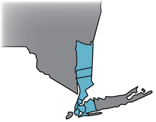 A map with a highlighted area in blue.
