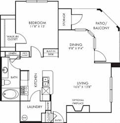 Topsail. 1 bedroom apartment. Kitchen with bartop open to living/dinning rooms. 1 full bathroom. Walk-in closet. Patio/balcony with storage. optional fireplace.