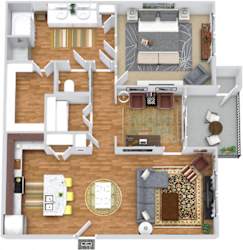 The Monarch 3D. 1 bedroom apartment. Kitchen with island open to living/dinning rooms. 1 full bathroom. Walk-in closet. Flex room/den. Patio/balcony.