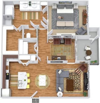 The Monarch 3D. 1 bedroom apartment. Kitchen with island open to living/dinning rooms. 1 full bathroom. Walk-in closet. Flex room/den. Patio/balcony.