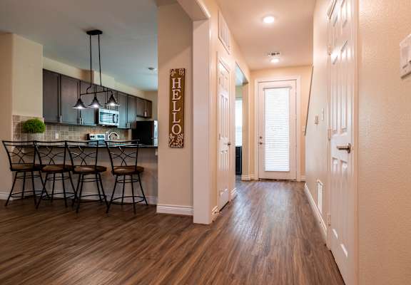 view of the kitchen and living room from the hallway of an apartment