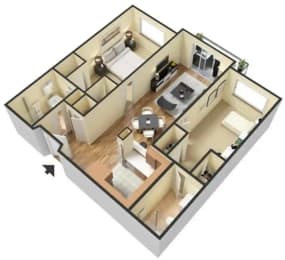 D – 2 Bedroom 2 Bath Floor Plan Layout – 860 Square Feet