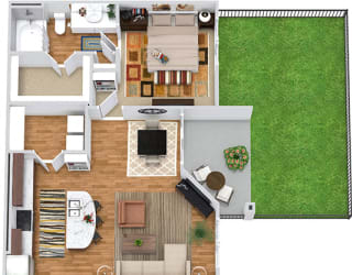 Longhorn with Fenced-in Yard 3D. 1 bedroom apartment. Kitchen with island open to living/dinning rooms. 1 full bathroom. Walk-in closet. Patio/balcony open to yard.