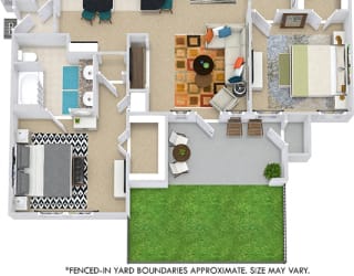 The Berlin with Fenced-in Yard 3D. 2 bedroom apartment. Kitchen with bartop open to living/dining rooms. 2 full bathrooms, double vanity in master. Walk-in closets. Patio/balcony open to yard.