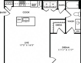 The Truth. 1 bedroom apartment. Kitchen with island open to living room. 1 full bathroom. Walk-in closet. Patio/balcony.