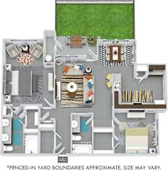 Rainey with Fenced-in Yard 3D 2 bedroom apartment. Kitchen with bartop open to living & dining rooms. Coffee bar in kitchen. 2 full bathrooms, double vanity in master. Walk-in closet in both bedrooms.