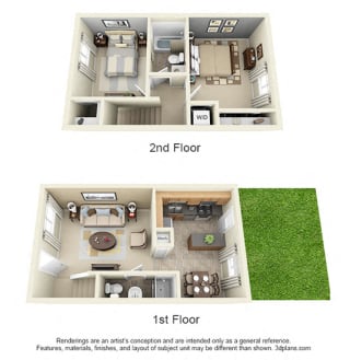 The Sage with Fenced-in Yard 3D Sage 2 bedroom townhome with yard . 1st floor kitchen-dining-living-half bath. 2nd floor bedrooms-shared bath-laundry. Large closets.