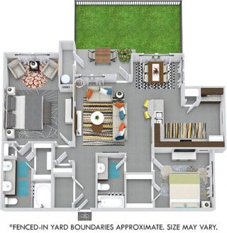 Rainey with Fenced-in Yard Rainey with Fenced-in Yard 3D 2 bedroom apartment. Kitchen with bartop open to living & dining rooms. Coffee bar in kitchen. 2 full bathrooms, double vanity in master. Walk-in closet in both bedrooms.