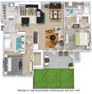 The Berlin with Fenced-in Yard 3D. 2 bedroom apartment. Kitchen with bartop open to living/dining rooms. 2 full bathrooms, double vanity in master. Walk-in closets. Patio/balcony open to yard.