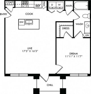 The Truth. 1 bedroom apartment. Kitchen with island open to living room. 1 full bathroom. Walk-in closet. Patio/balcony.
