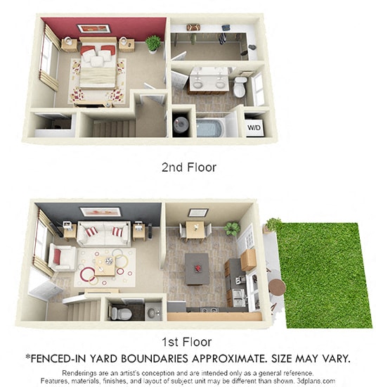 3D Caraway 1 bedroom townhome with yard. 1st floor eat-in kitchen-living-half bath. 2nd floor bedroom, full bath double vanity. Expansive walk-in closet. In-unit laundry