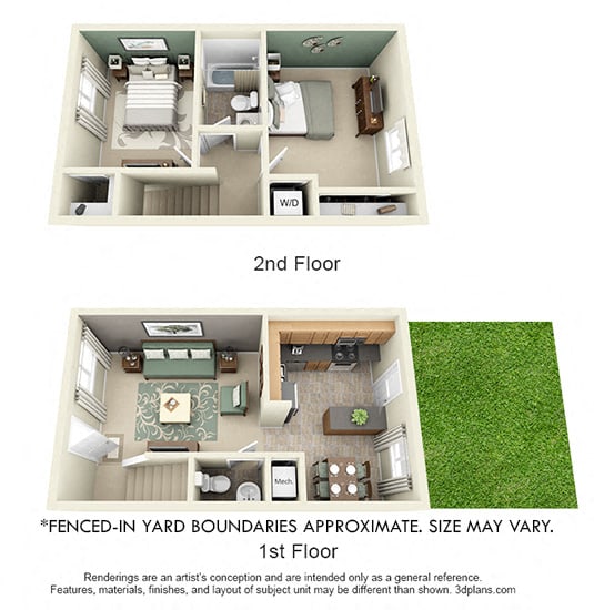 3D Watercress 2 bedroom townhome with yard. 1st floor kitchen-dining-living-half bath. 2nd floor bedrooms-shared full bath-laundry. large closets