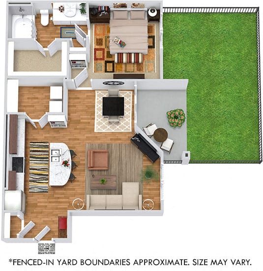 Longhorn with Fenced-in Yard 3D. 1 bedroom apartment. Kitchen with island open to living/dinning rooms. 1 full bathroom. Walk-in closet. Patio/balcony open to yard.