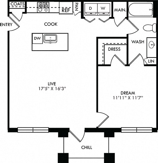 The Truth. 1 bedroom apartment. Kitchen with island open to living room. 1 full bathroom. Walk-in closet. Patio/balcony.