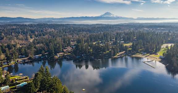 A serene landscape with a lake, trees, and a mountain in the distance.