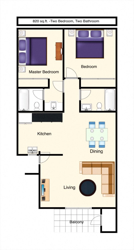 Floor Plan  two bedroom, two bathroom with tub, dining, kitchen, living spaces, small balcony with exterior storage unit