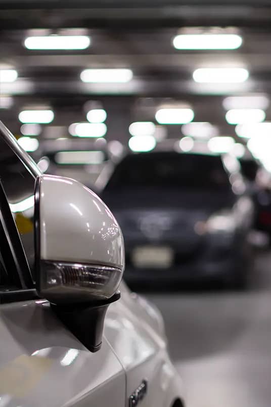 A car's side mirror at The Standard Apartments, Pennsylvania