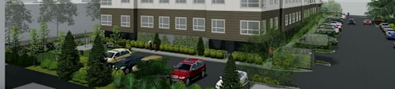 A rendering of a modern apartment building with a parking lot in front.