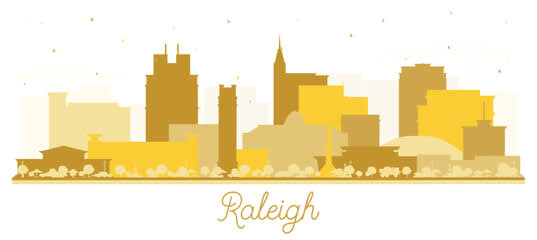 A stylized city skyline with the name "Raleigh" written below it.
