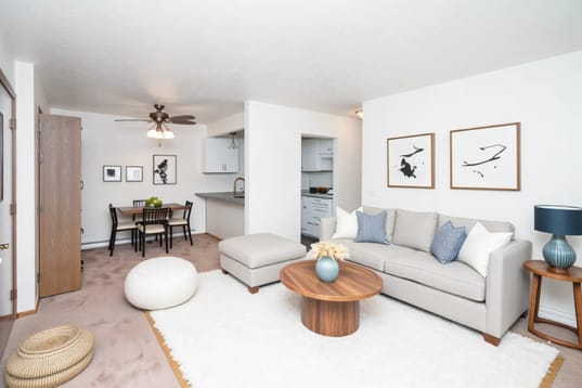 A living room with a white couch, a wooden coffee table, and a rug.