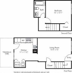 Aspen 1 Bedroom Townhome with Fenced-in Yard. Eat-in Kitchen and Living on first. Bedroom and full bath on second.