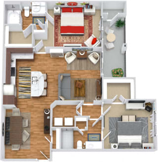 The Topaz 3D. 2 bedroom apartment. Kitchen with island open to living/dinning rooms. 2 full bathrooms, shower stall in master. Walk-in closets. Patio/balcony.