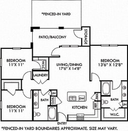 Sequoia 3 bedroom 3 bath floorplan with L-shaped kitchen and island overlooking living and dining. double vanity sinks. walk in closets. huge covered patio with Fenced-in yard