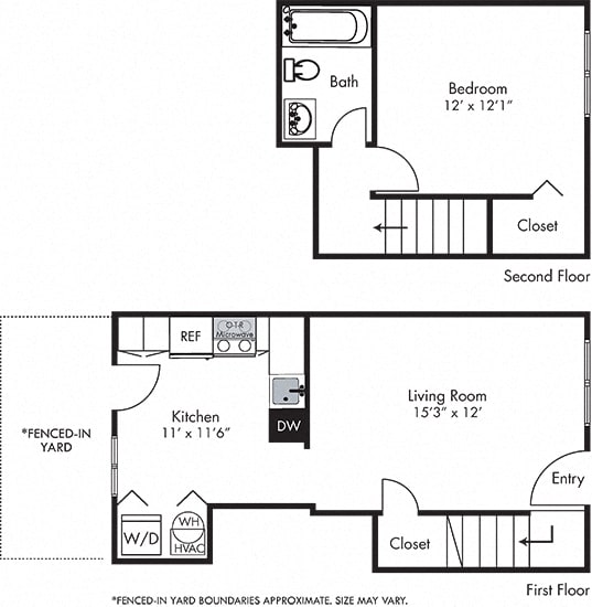 Aspen 1 Bedroom Townhome with Fenced-in Yard. Eat-in Kitchen and Living on first. Bedroom and full bath on second.