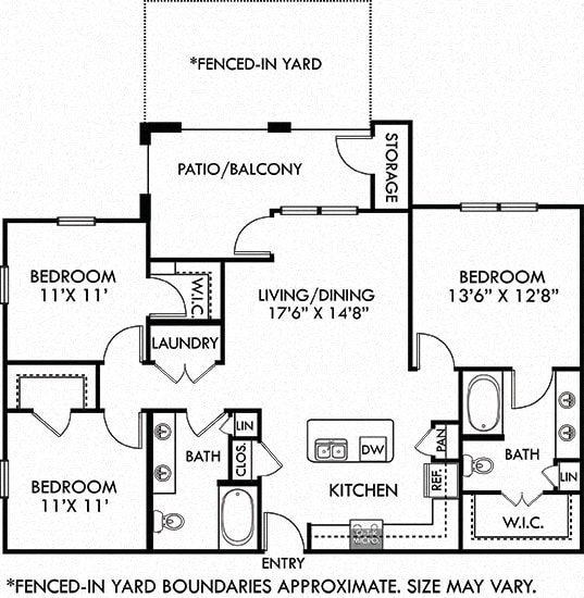 Sequoia 3 bedroom 3 bath floorplan with L-shaped kitchen and island overlooking living and dining. double vanity sinks. walk in closets. huge covered patio with Fenced-in yard