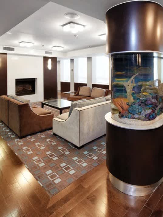 a fish tank in the center of a living room