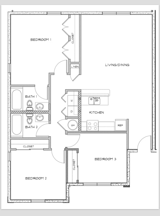 3 Bedroom 2 Bath 2D Floorplan-Louis E. Brown Apartments, St. Croix, VI