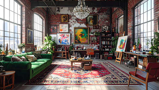 A room with a green couch, a rug, and a chandelier.