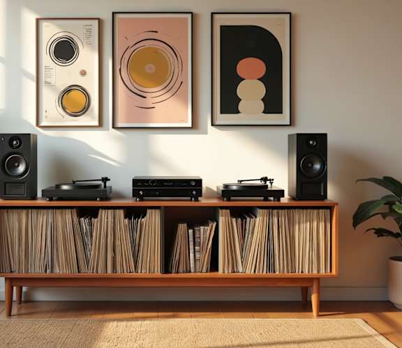 A room with a wooden speaker stand and a plant on the side.