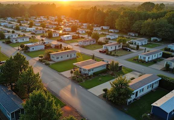 A sunset view of a residential neighborhood with houses and streets.