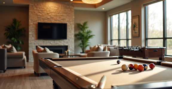 A pool table in a room with a fireplace and a television.