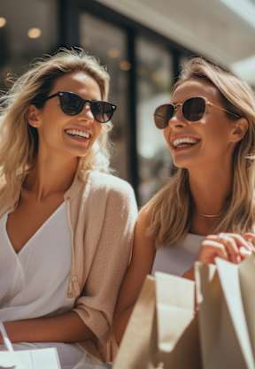 Two women are sitting on a bench with shopping bags.