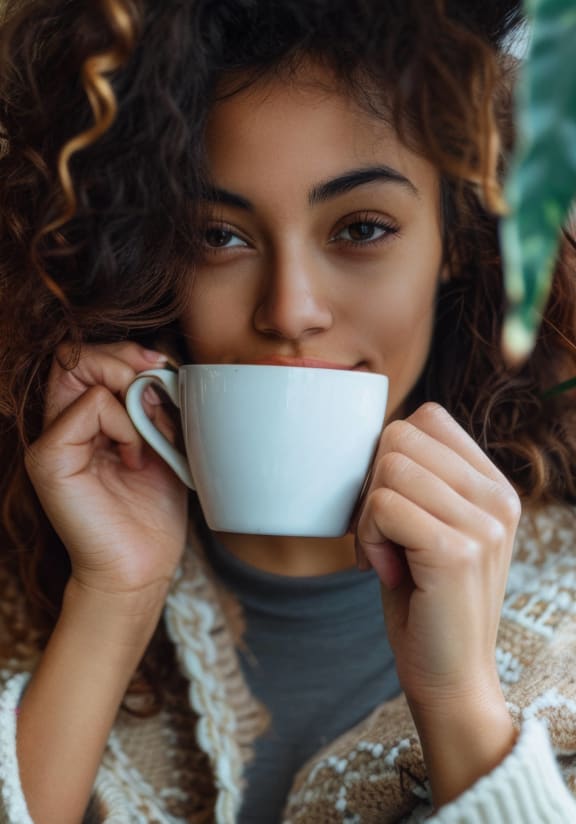 a woman sitting on a couch drinking a cup of coffee
