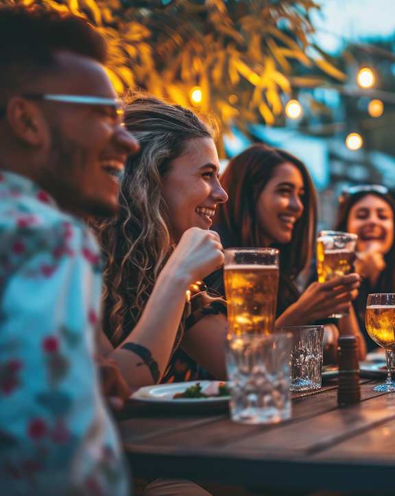A group of friends enjoying a meal and drinks together at an outdoor restaurant.