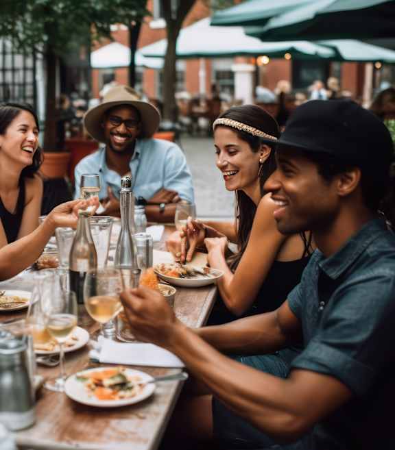 A group of people are enjoying a meal together at an outdoor restaurant.