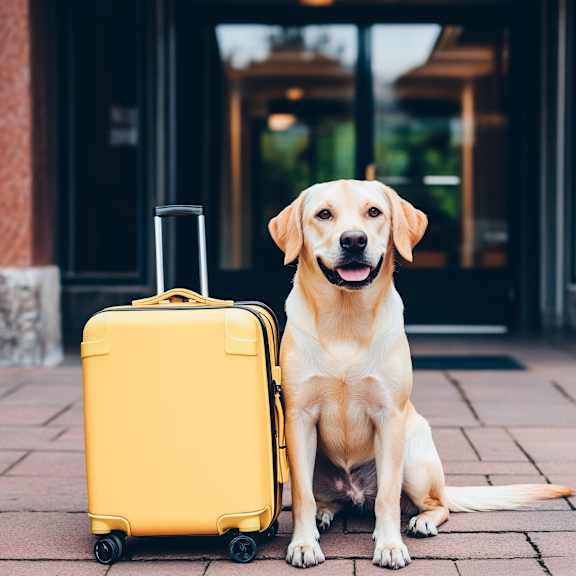 A dog sitting next to a yellow suitcase.