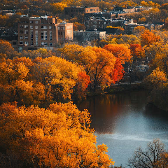 A river flows through a forest of autumn trees.