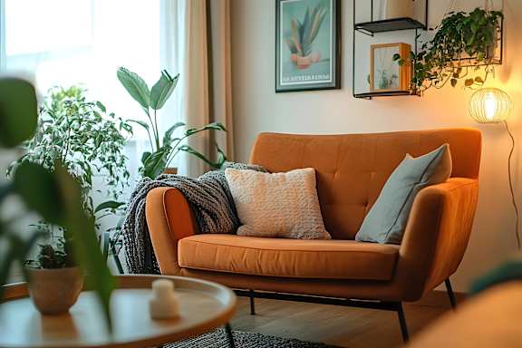 a living room with an orange couch and some plants
