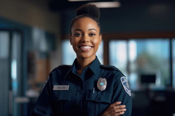 a woman in a police uniform smiling with her arms crossed